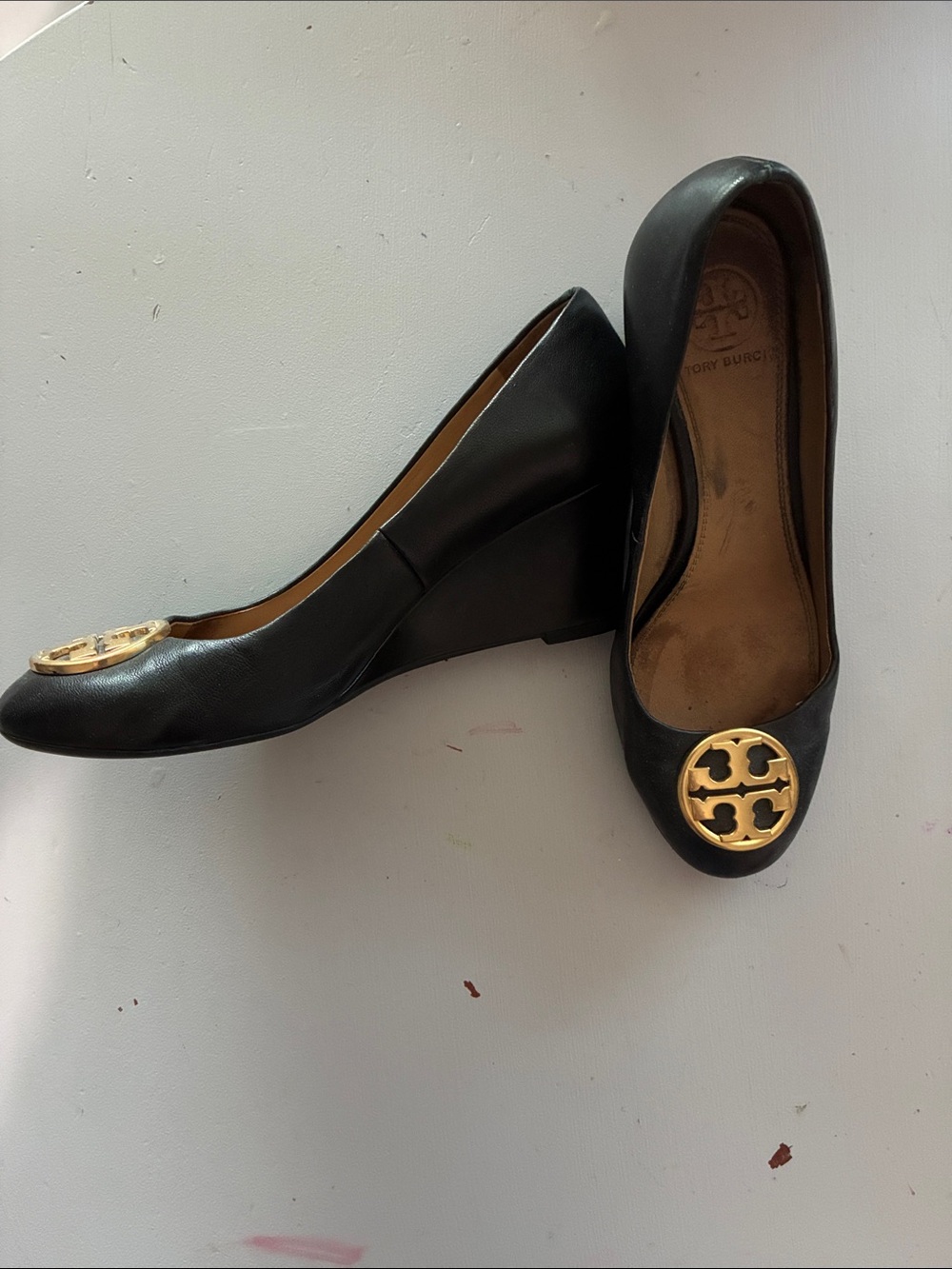 Tory Burch Black Leather Wedge Heels with Gold Logo Emblem